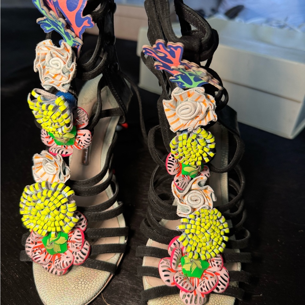 Sophia Webster Black, Pink, and Orange Heels with Floral Embellishments